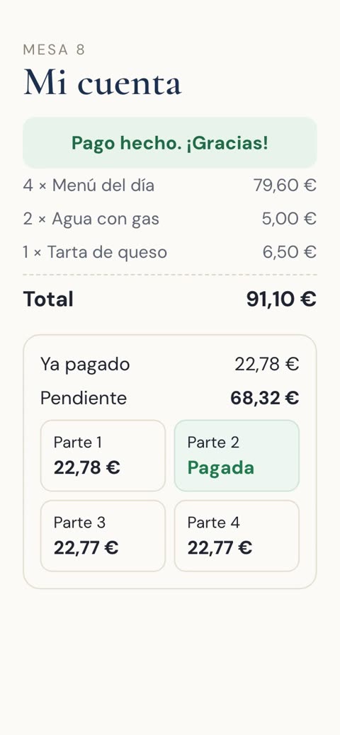 A table bill split into four shares, one already paid